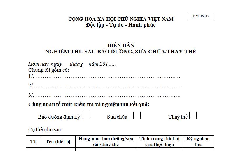 Biên bản nghiệm thu sau sửa chữa